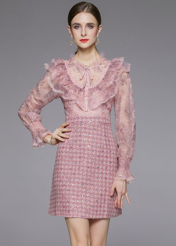 Pink Sequins Embroideried Patchwork Ruffles Dress Fall