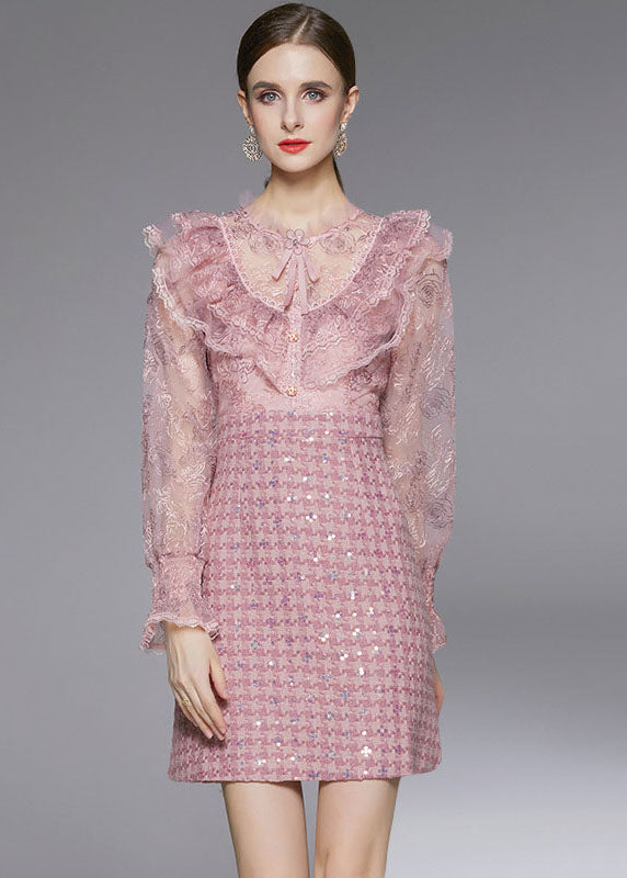 Pink Sequins Embroideried Patchwork Ruffles Dress Fall