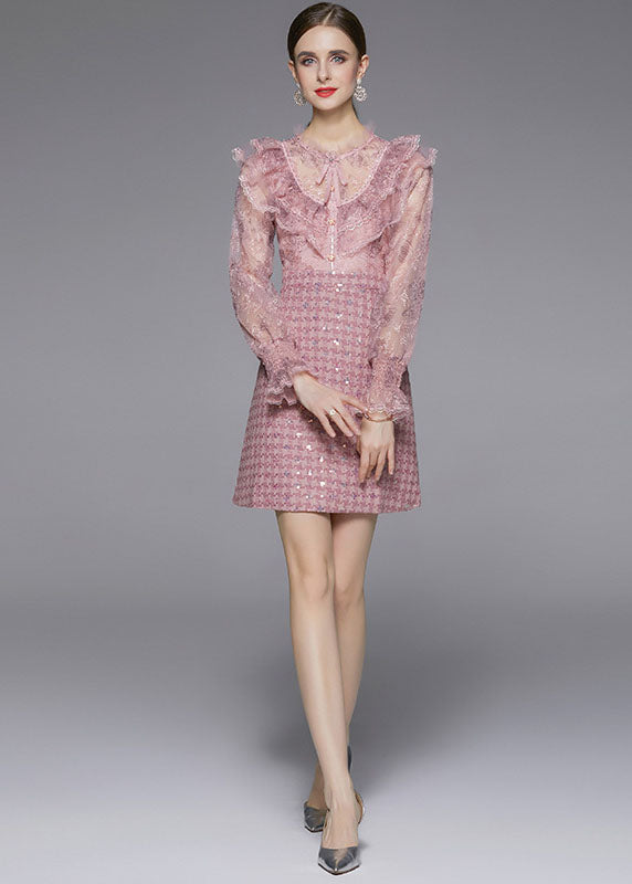Pink Sequins Embroideried Patchwork Ruffles Dress Fall
