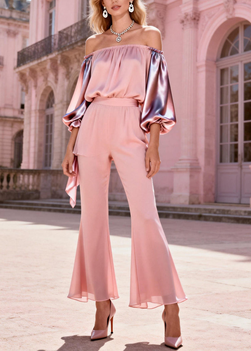 Pink Slash Neck Cold Shoulder Patchwork Silk Two-piece Set Spring