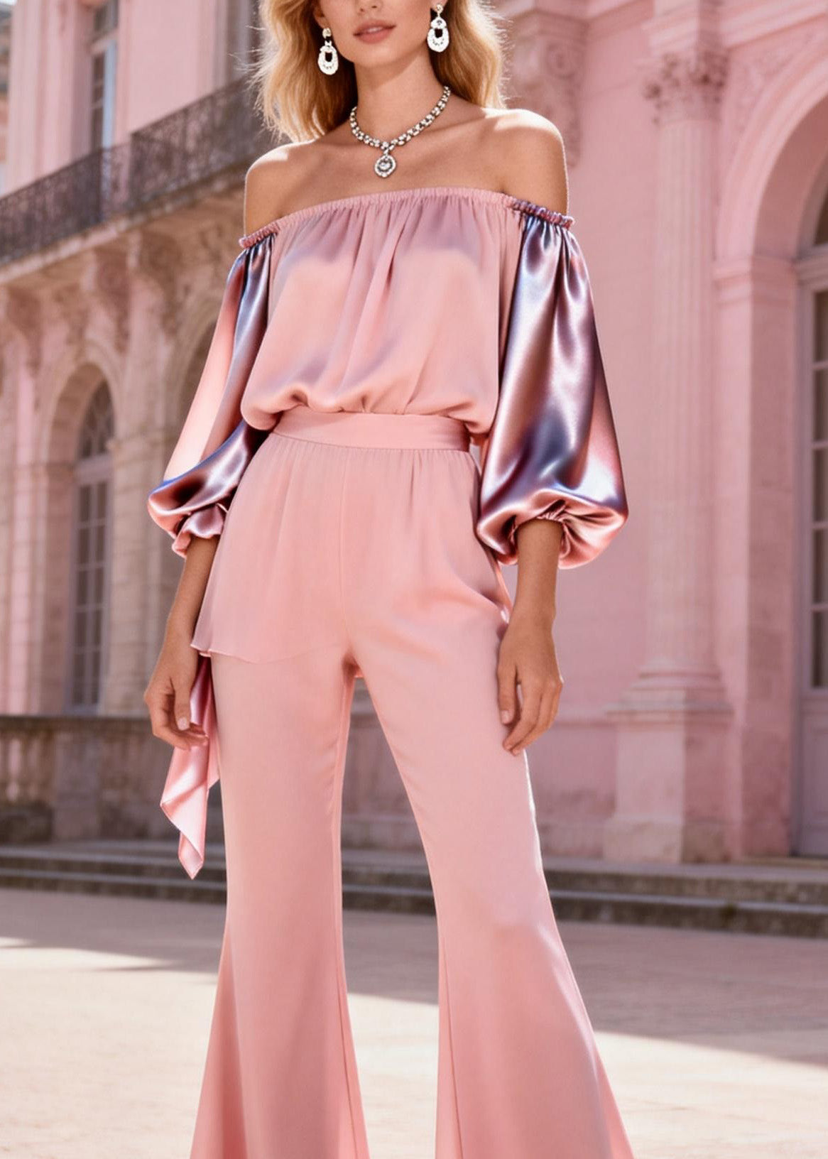 Pink Slash Neck Cold Shoulder Patchwork Silk Two-piece Set Spring