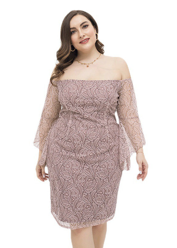 Pink Slash Neck Lace Mid Dress Short Sleeve