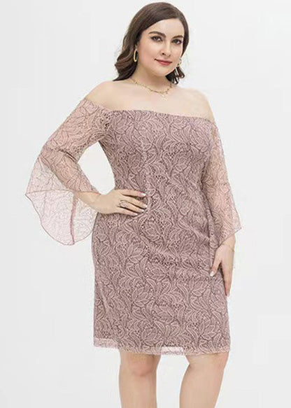 Pink Slash Neck Lace Mid Dress Short Sleeve