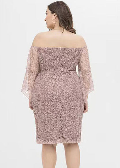 Pink Slash Neck Lace Mid Dress Short Sleeve