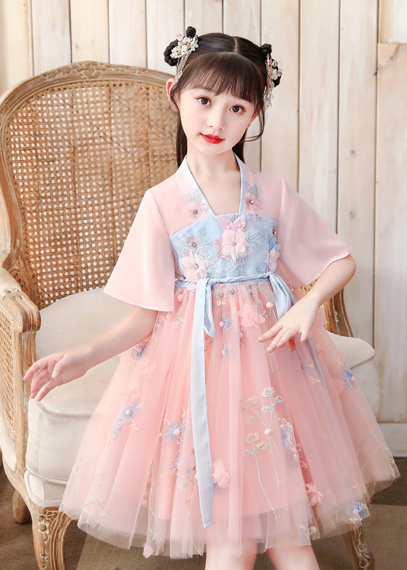 Pink V Neck Embroideried Layered Tulle Kids Mid Dress Short Sleeve