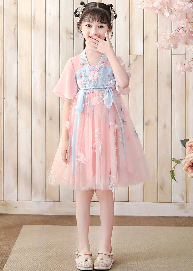 Pink V Neck Embroideried Layered Tulle Kids Mid Dress Short Sleeve