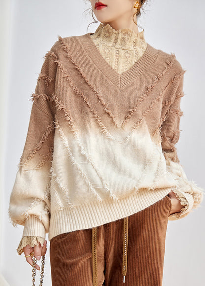 Pink V Neck Gradient Tasseled Knit Sweater Top Spring