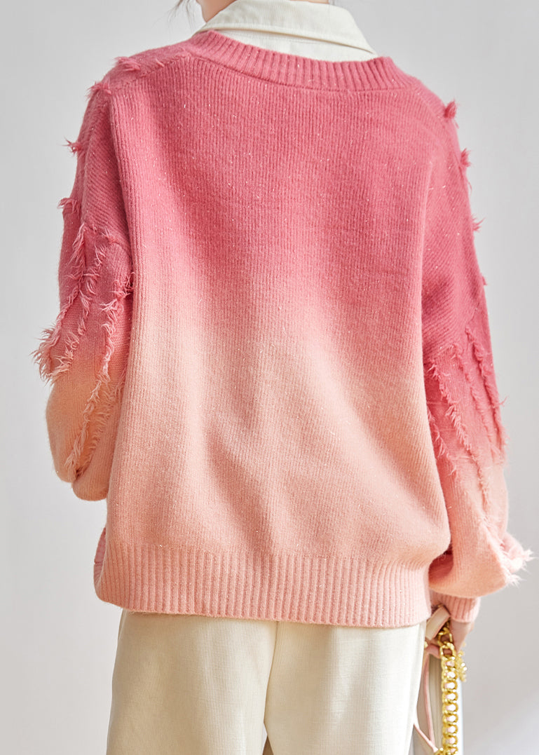 Pink V Neck Gradient Tasseled Knit Sweater Top Spring