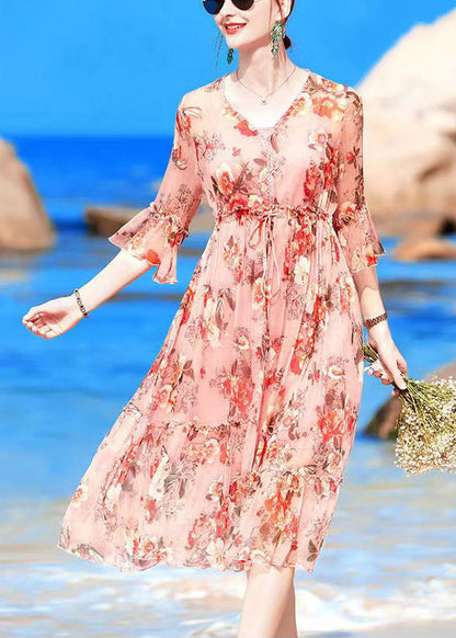Pink V Neck Print Drawstring Chiffon Party Dress Flare Sleeve