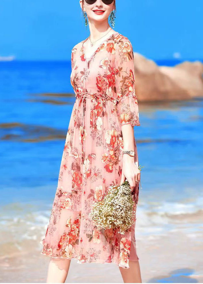 Pink V Neck Print Drawstring Chiffon Party Dress Flare Sleeve