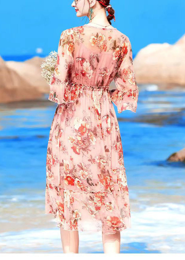 Pink V Neck Print Drawstring Chiffon Party Dress Flare Sleeve