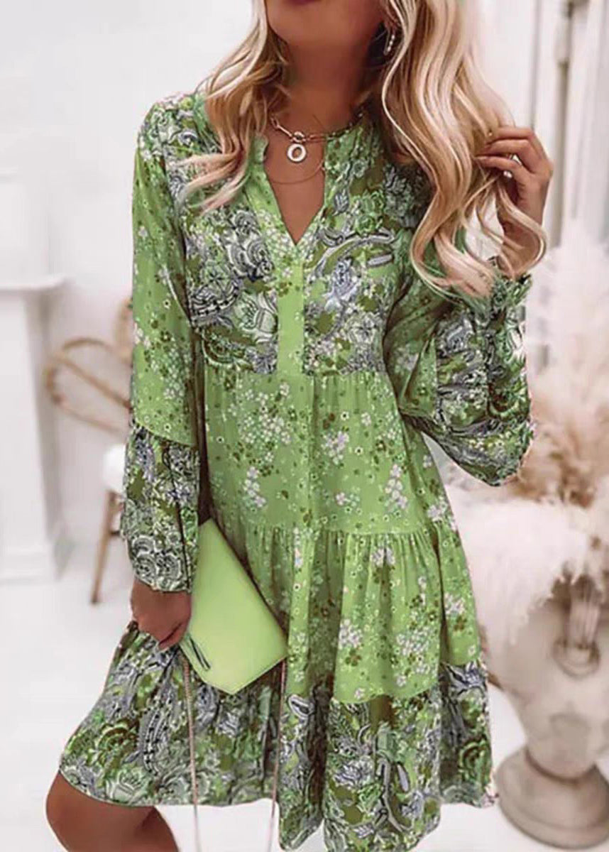Pink V Neck Print Wrinkled Mid Dresses Fall