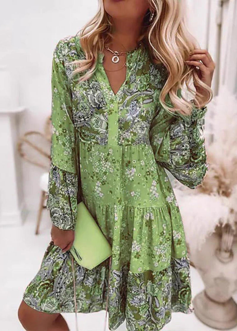 Pink V Neck Print Wrinkled Mid Dresses Fall