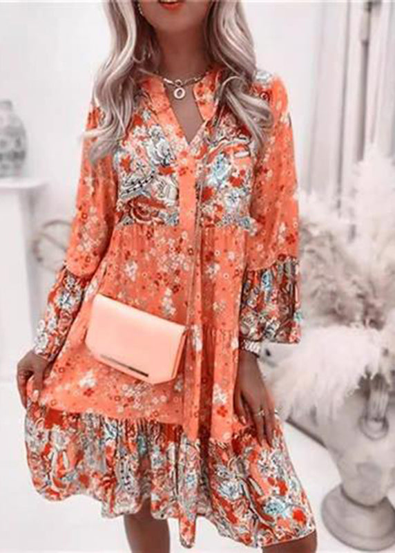 Pink V Neck Print Wrinkled Mid Dresses Fall