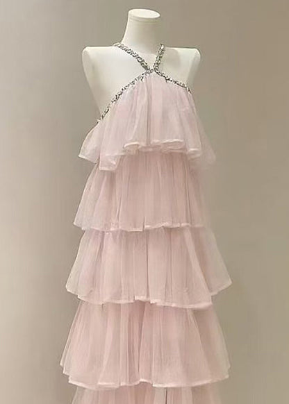 Pink Zircon High Waist Tulle Long Dress Sleeveless