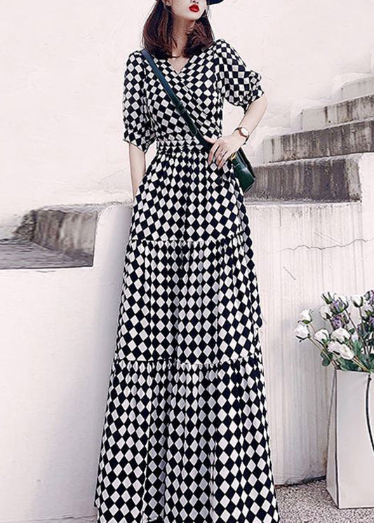 Plaid V Neck High Waist Patchwork Cotton Long Dresses Summer