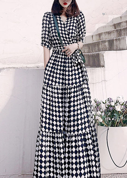 Plaid V Neck High Waist Patchwork Cotton Long Dresses Summer