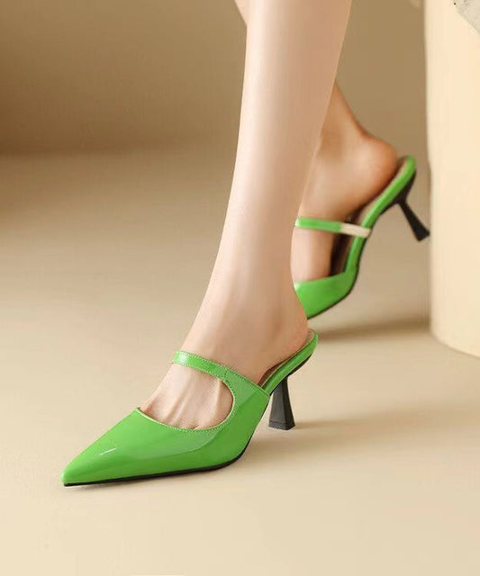 Pointed Toe High Heel Slide Sandals Green Faux Leather