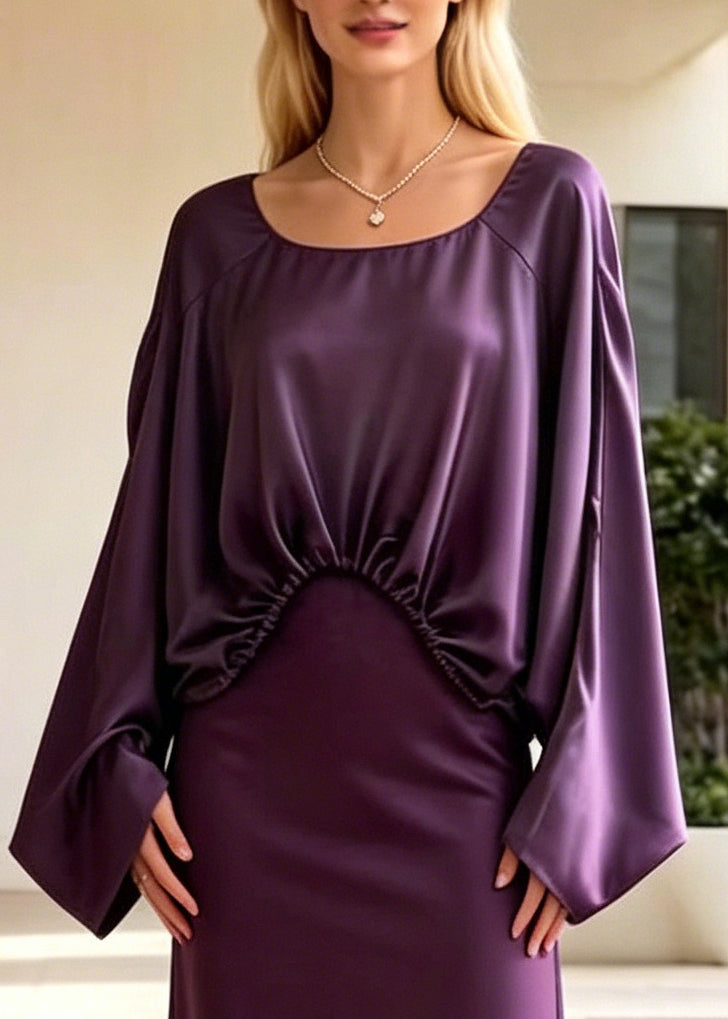 Purple Asymmetrical Design Draping Silk Two Pieces Set Batwing Sleeve