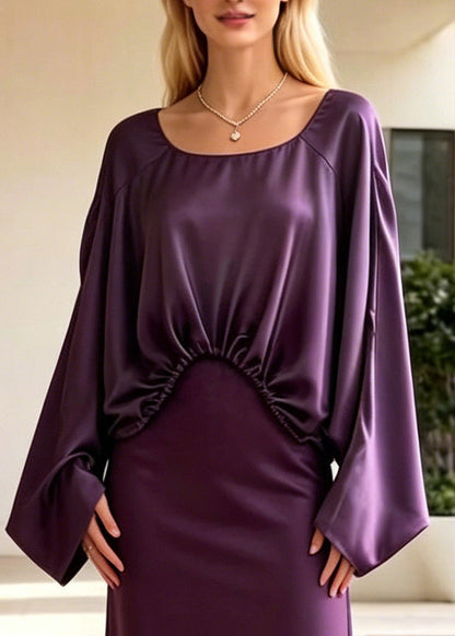 Purple Asymmetrical Design Draping Silk Two Pieces Set Batwing Sleeve