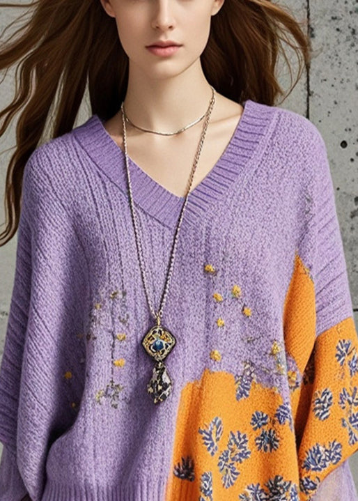 Purple Asymmetrical Print Knit Loose Sweater Fall