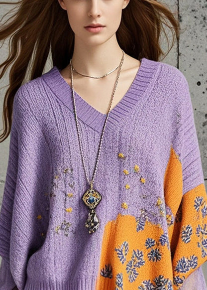 Purple Asymmetrical Print Knit Loose Sweater Fall