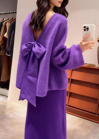 Purple Backless Bow Knit Two Piece Set Outfits Winter
