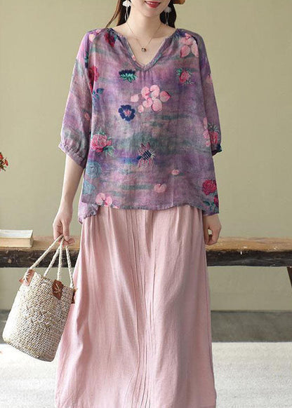 Purple Retro Print Fall Half Sleeve Shirt Top