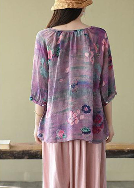 Purple Retro Print Fall Half Sleeve Shirt Top