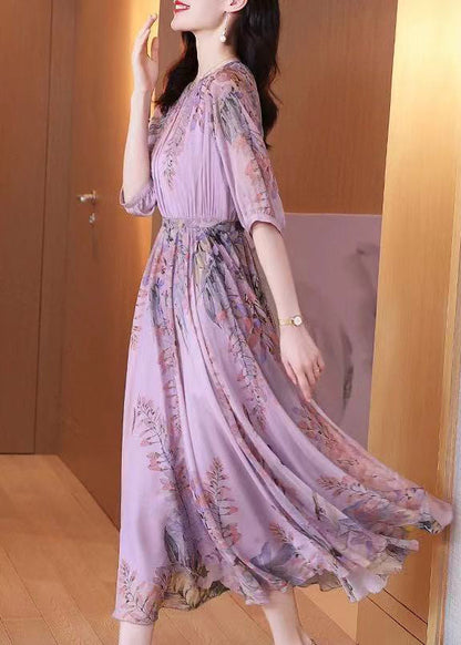 Purple O-neck Print Chiffon Maxi Dresses Summer