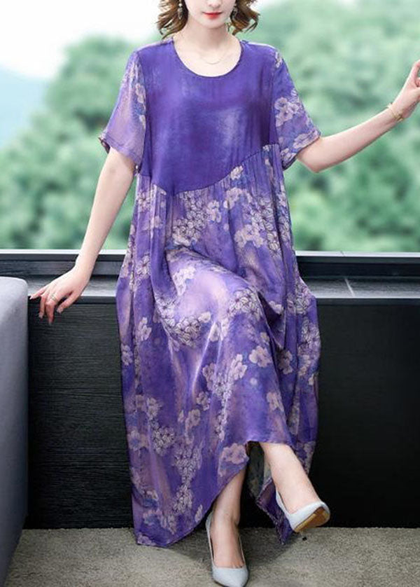 Purple O Neck Print Wrinkled Patchwork Silk Dress Summer