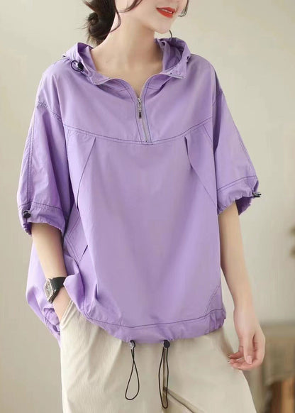 Purple Patchwork Cotton Hooded Top Short Sleeve