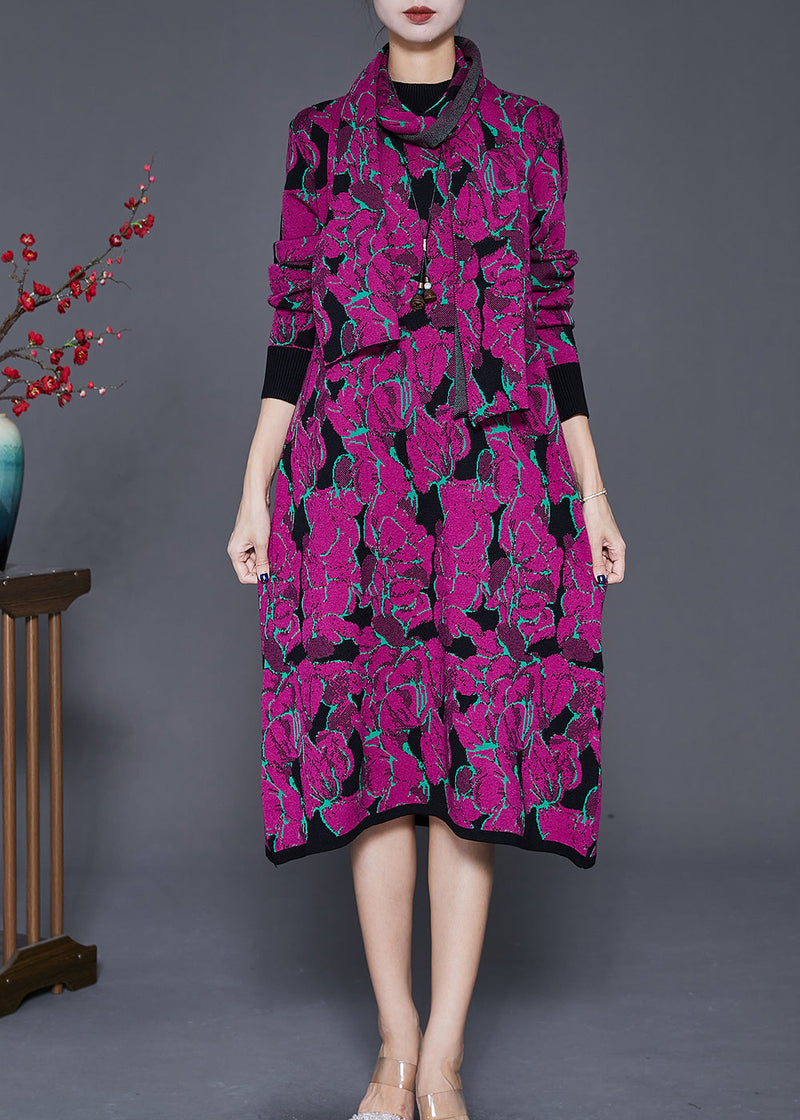 Purple Print Complimentary Scarf Long Knit Dress Fall