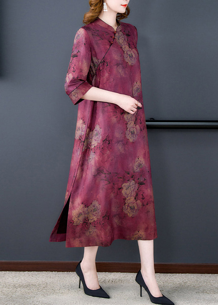 Purple Stand Collar Print Button Side Open Silk Long Dresses Summer