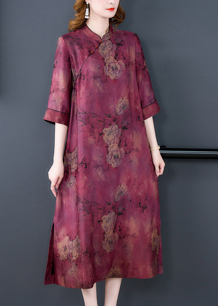 Purple Stand Collar Print Button Side Open Silk Long Dresses Summer