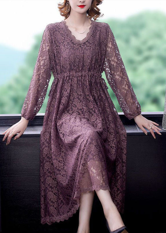 Purple V Neck Cinched Lace Holiday Dress Spring