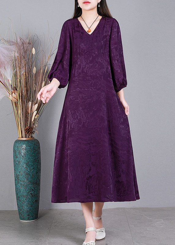 Purple V Neck Jacquard Patchwork Wrinkled Silk Dresses Bracelet Sleeve