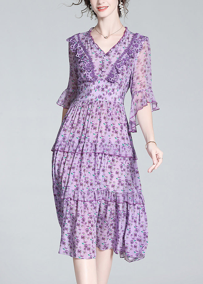 Purple V Neck Print Wrinkled Button Silk Long Dress Half Sleeve