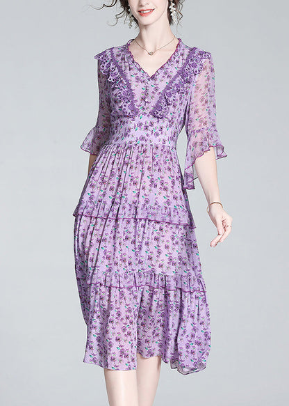 Purple V Neck Print Wrinkled Button Silk Long Dress Half Sleeve