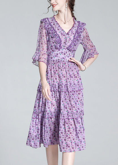 Purple V Neck Print Wrinkled Button Silk Long Dress Half Sleeve