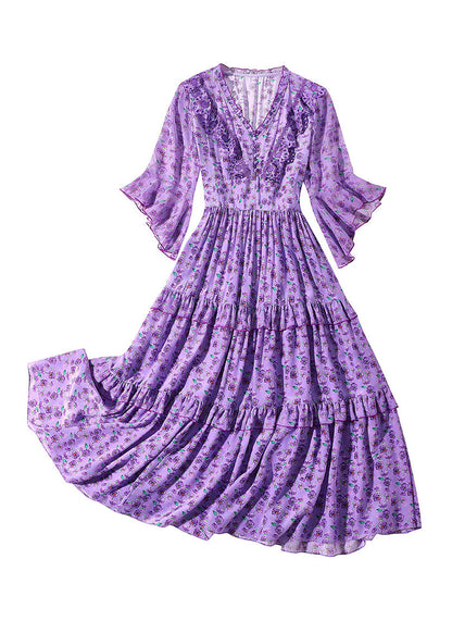 Purple V Neck Print Wrinkled Button Silk Long Dress Half Sleeve