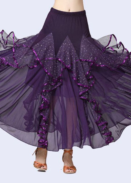 Purple Wrinkled Tulle Patchwork Sequins Cotton Skirts Summer
