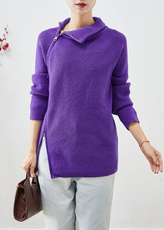 Purple Zip Up Thick Knit Short Sweater Winter