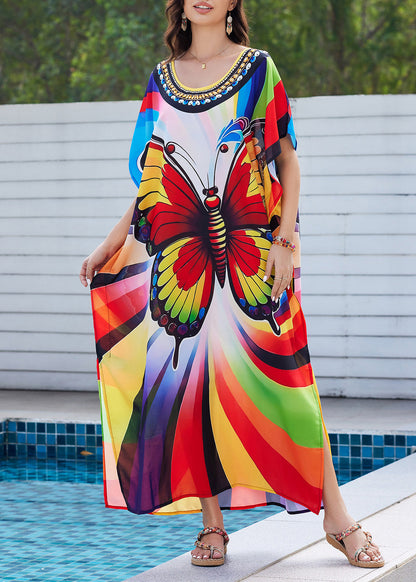 Rainbow Butterfly Print Side Open Maxi Dress Summer