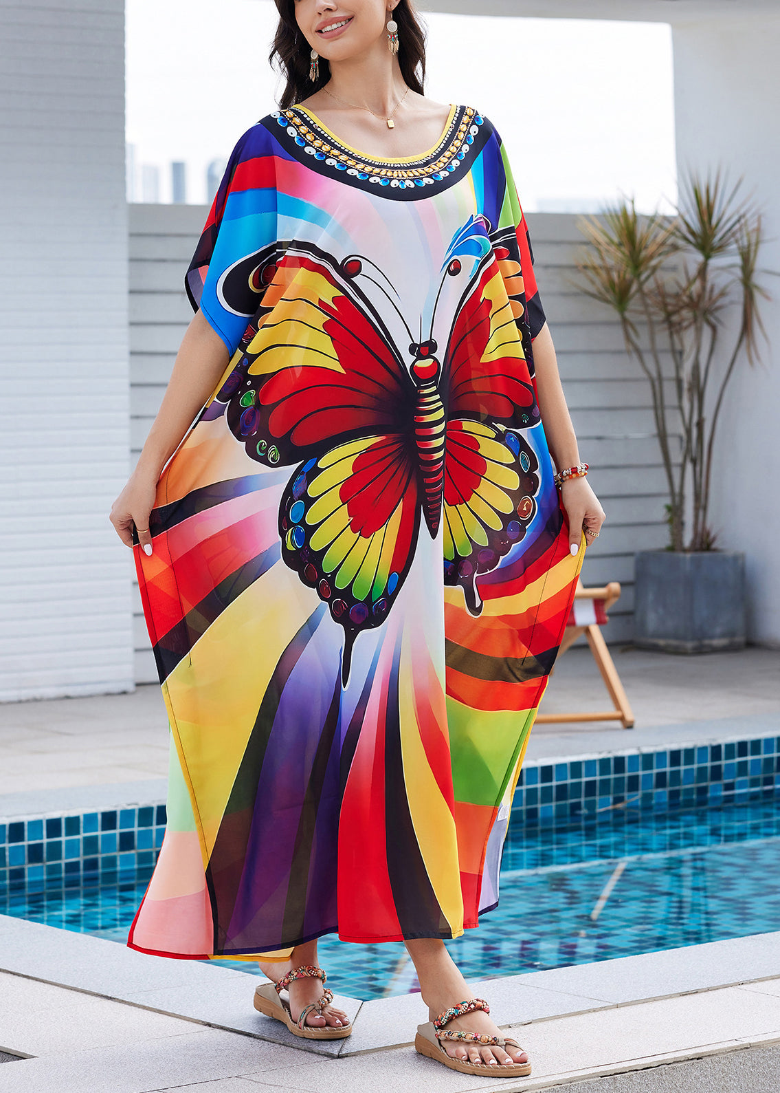 Rainbow Butterfly Print Side Open Maxi Dress Summer