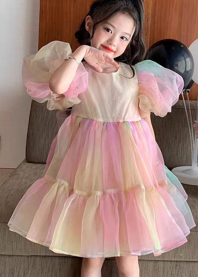 Rainbow Gradient Ruffled Patchwork Tulle Kids Dress Puff Sleeve