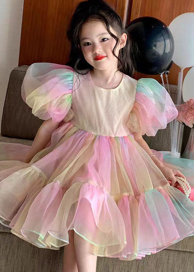Rainbow Gradient Ruffled Patchwork Tulle Kids Dress Puff Sleeve