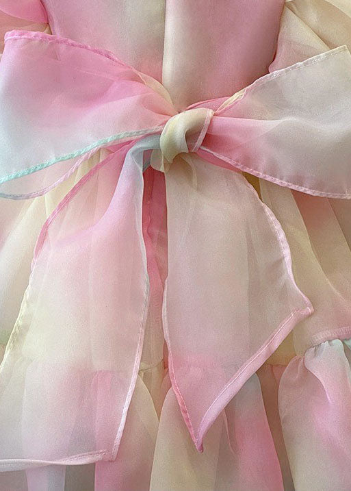 Rainbow Gradient Ruffled Patchwork Tulle Kids Dress Puff Sleeve