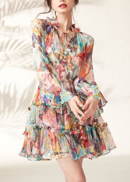 Rainbow Print Ruffled Lace Tie Mid Dresses Spring