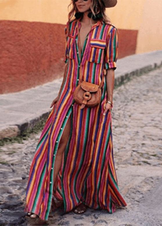 Rainbow Striped Button Tie Waist Maxi Shirts Dresses Summer